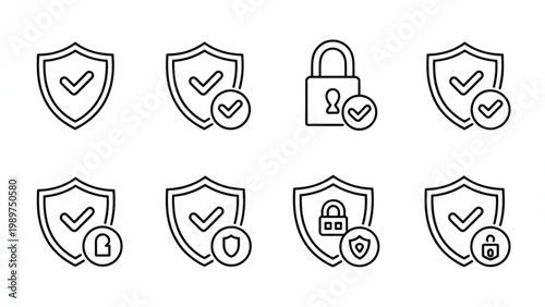 Security Shield Check Mark Thin Line Icon Set Protection, Verified Badge and Safety Symbol Collection