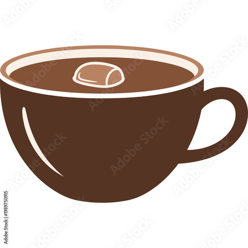 A steaming cup of coffee with a marshmallow on top sits on a table indoors.