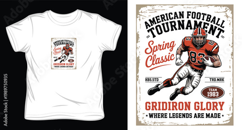 American football player running with ball and vintage style tournament poster design.