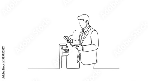 Businessman paying parking meter with smartphone line art illustration