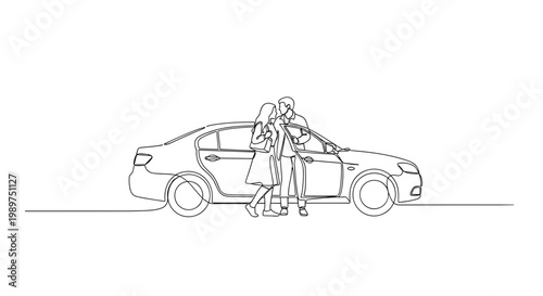 Couple talking beside open car door line art illustration