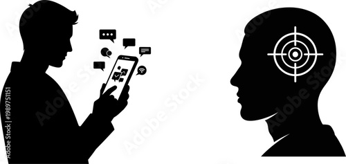 Digital mind control silhouette of a person manipulated by a smartphone