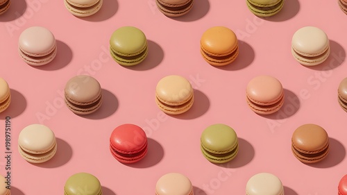 Seamless sweet macaroon dessert food photo pattern on a solid color background with soft shadows