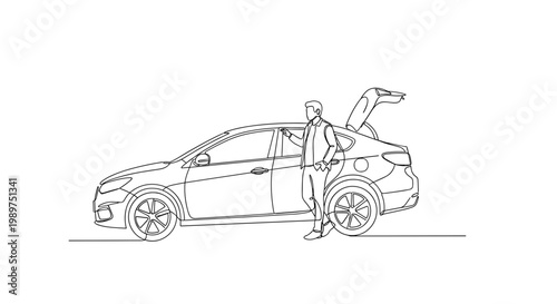 Man unlocking car beside open trunk line art illustration