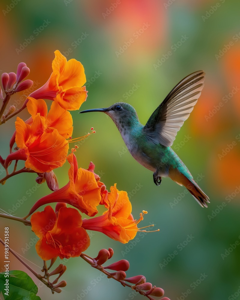 Naklejka premium A vibrant hummingbird hovers near bright orange flowers, capturing a moment of delicate interaction in a lush, colorful natural setting.