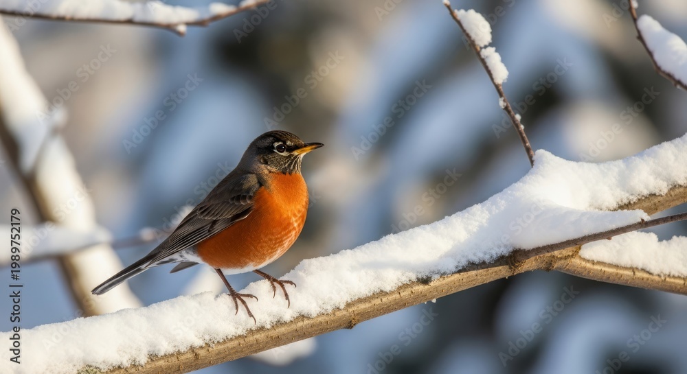 Fototapeta premium Robin Perched on a Snow-Covered Branch in Winter