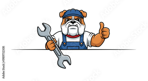 Tough bulldog mascot dressed as a professional mechanic holding a large metal wrench and giving a thumbs up.