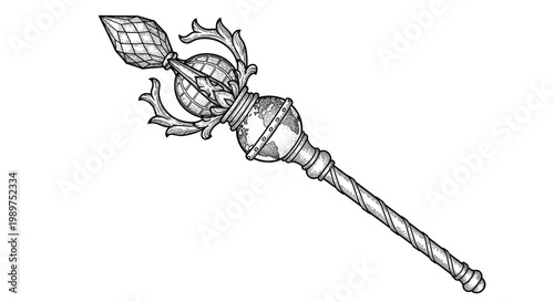 Detailed black and white engraving of a royal ornate scepter with decorative flourishes and a globe element.