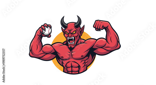 Strong muscular red devil mascot flexing his powerful biceps while holding a baseball against a yellow circle.
