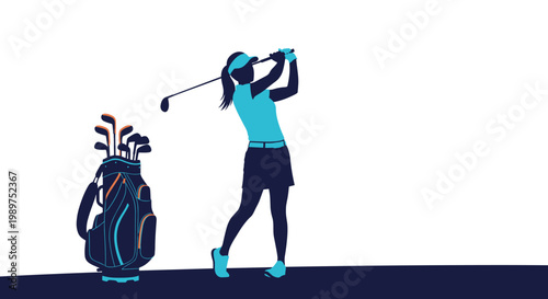 Minimalist flat illustration of a female golfer silhouette finishing her swing next to a full bag of clubs.