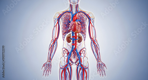 Full human body anatomy displaying heart kidneys and major blood vessels in 3d overview.