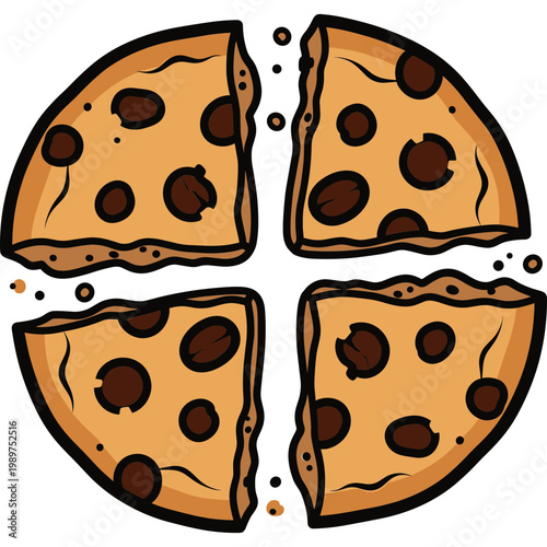 A plate of freshly baked chocolate chip cookies cut into four equal pieces.