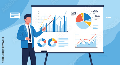 Corporate businessman presenting various financial data and growth charts on a white board during a meeting.