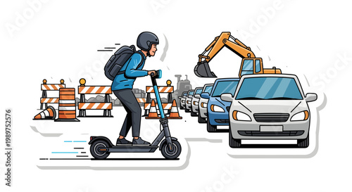 Man riding electric scooter past traffic jam with construction