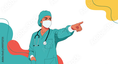 Medical nurse or surgeon in green scrubs pointing the way on an abstract colorful wave background.