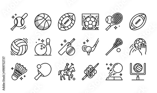 Simple line ball sports icon set, sports equipment and activity outline vector icons