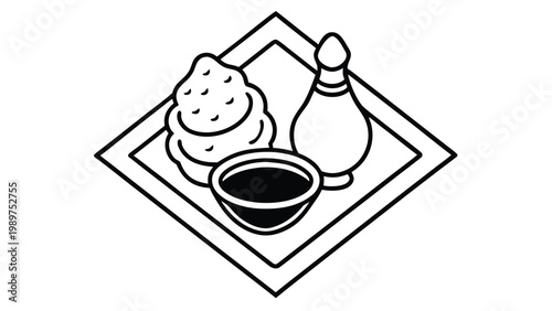 Iconic indian snack food line art drawing of a platter with samosa chutney and a beverage