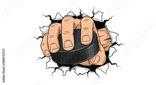 Powerful hand firmly gripping a black hockey puck while breaking through a wall with force and energy.