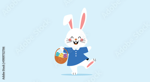 Happy white Easter bunny character wearing a blue dress and holding a wicker basket full of colorful eggs.