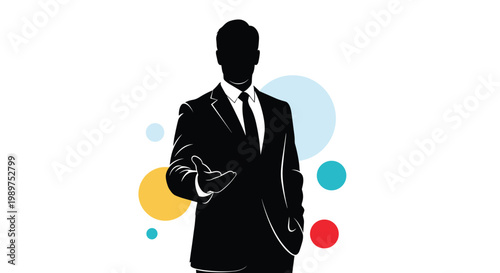 Silhouette of a professional businessman in a suit reaching out his hand over an abstract colorful background.
