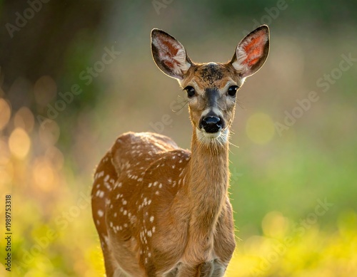 Young spotted deer in soft golden-hour sunlight