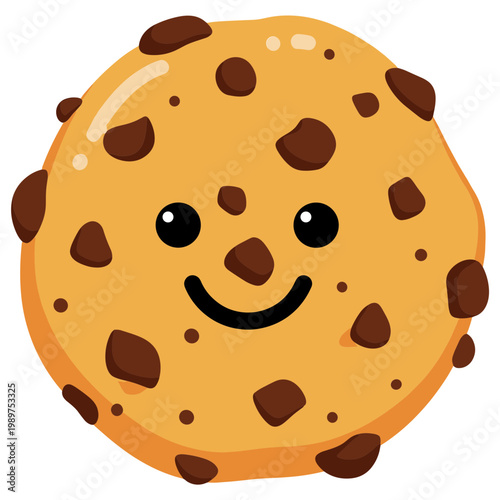 A smiling chocolate chip cookie is shown up close indoors.