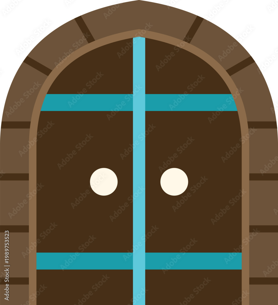 Fototapeta premium Brown wooden door with arch and blue bands as a flat design vector icon
