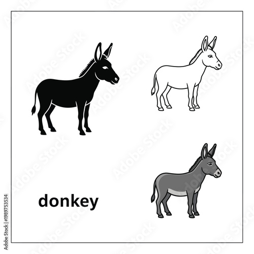 Black silhouette donkey outline and colored donkey drawing on transparent background.