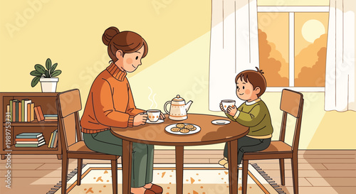 Mother and son sitting at table drinking tea and eating cookies