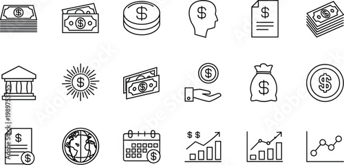 Finance money economics icons, global banking symbols, investment growth graphics, currency dollar coin illustration, profit chart documents, savings bag calendar design
