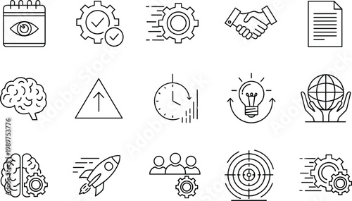 Business productivity innovation icons, teamwork collaboration symbols, leadership success graphics, creativity brain gear illustration, global cooperation outline, rocket target achievement design