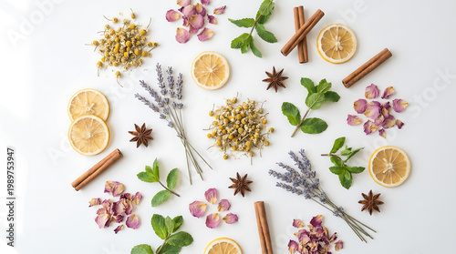 A beautifully arranged selection of dried herbs and spices on a white background