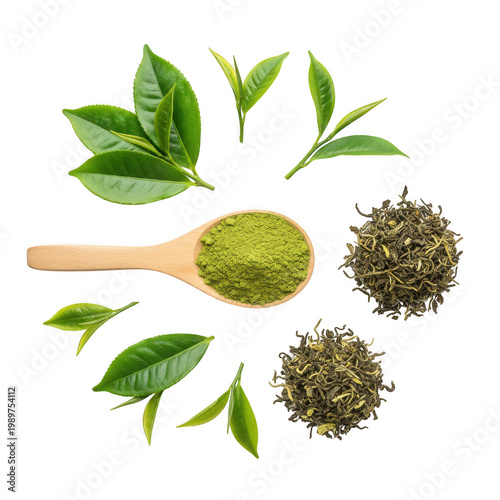 Matcha green tea powder in wooden spoon with tea leaves isolated on a transparent background