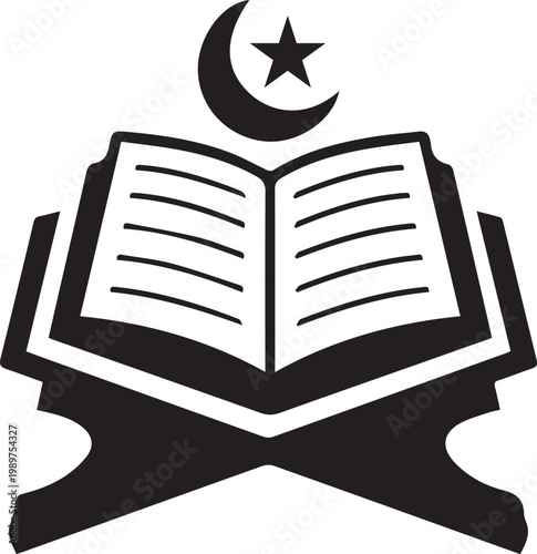Islamic education symbol open book with crescent moon and star