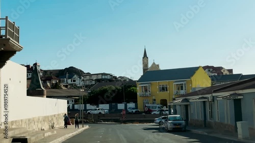 Luderitz city view during the day. View of Felsenkirche (church) and the coastal town of Luderitz with its colourful Germanic architecture, Namibia