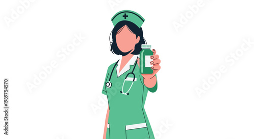 Nurse in green uniform holding medicine bottle