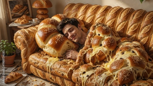 Cozy Man Wrapped in Bread Loaf Covers on Unique Sofa Setting