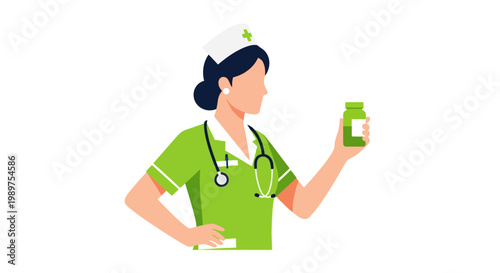 Female nurse in green uniform holding medicine bottle