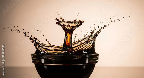 Viscous brown liquid forming a crown splash above a dark container in a  setting.