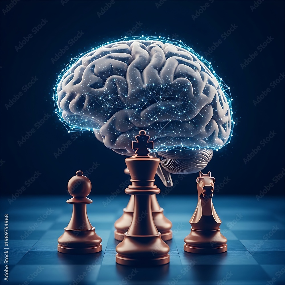 Fototapeta premium Brain, chess, strategy, thinking, glowing, blue, puzzle, game, intelligence, concept