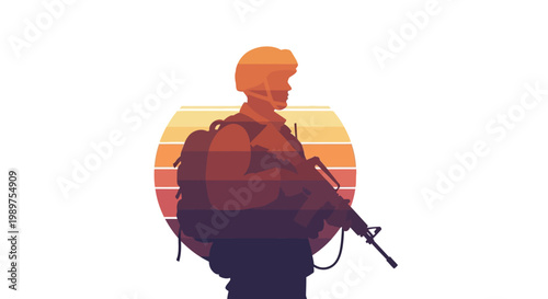 Silhouette of a soldier with rifle against sunset background