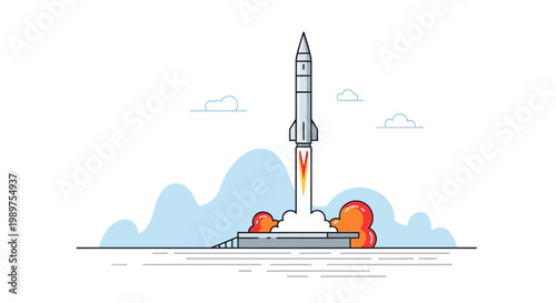 Flat design rocket launch with smoke and clouds in background