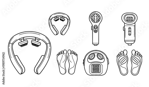 Shoulder massager collection icons set vector body and foot massage equipment linear contour pictograms isolated white background