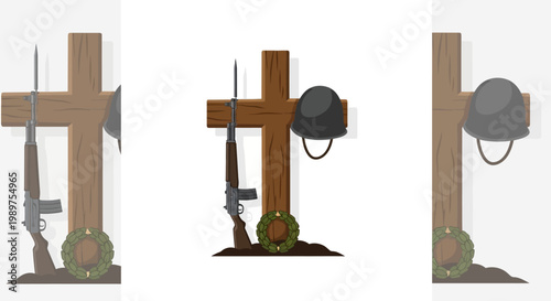 Military memorial with rifle, helmet, and cross symbolizing sacrifice