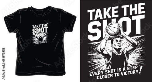 Basketball shooter character with splash effect t-shirt design and motivational victory quote typography.