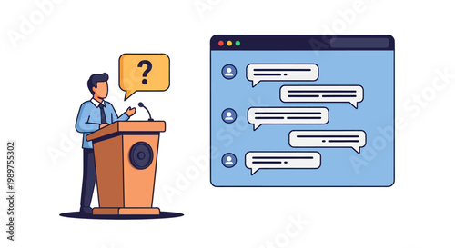 Man speaking at podium with question mark and chat box