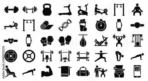 Fitness and gym icons set including workout, dumbbell, treadmill, yoga, boxing, training equipment, smartwatch and healthy lifestyle symbols