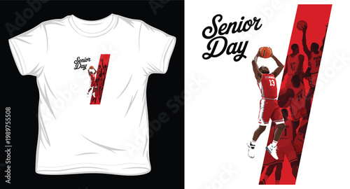 Senior day basketball player shooting on white t-shirt mockup with red action background design.