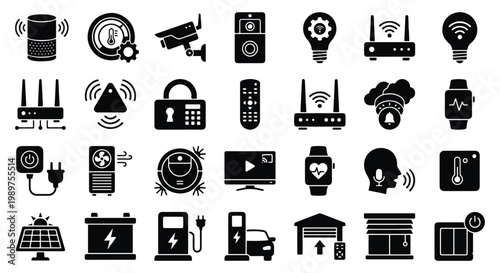 Smart home and technology icons set including wifi, security camera, router, voice control, smartwatch, automation, energy and IoT devices