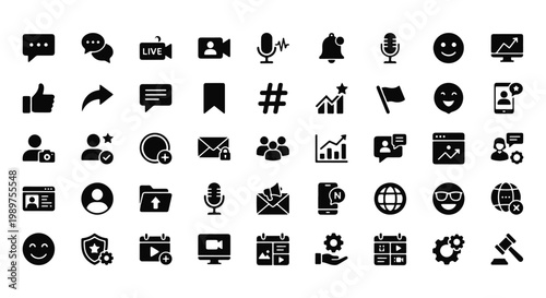 Social media and communication icons set including chat, live streaming, video, microphone, notifications, profile, analytics and digital interaction symbols